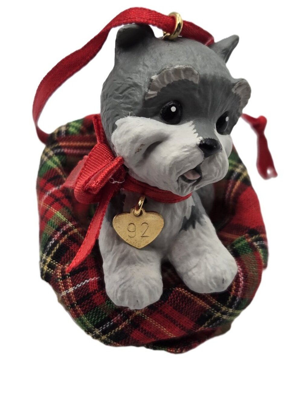 Hallmark 1992 Schnauzer Terrier Christmas Holiday Ornament Gray Red Green White